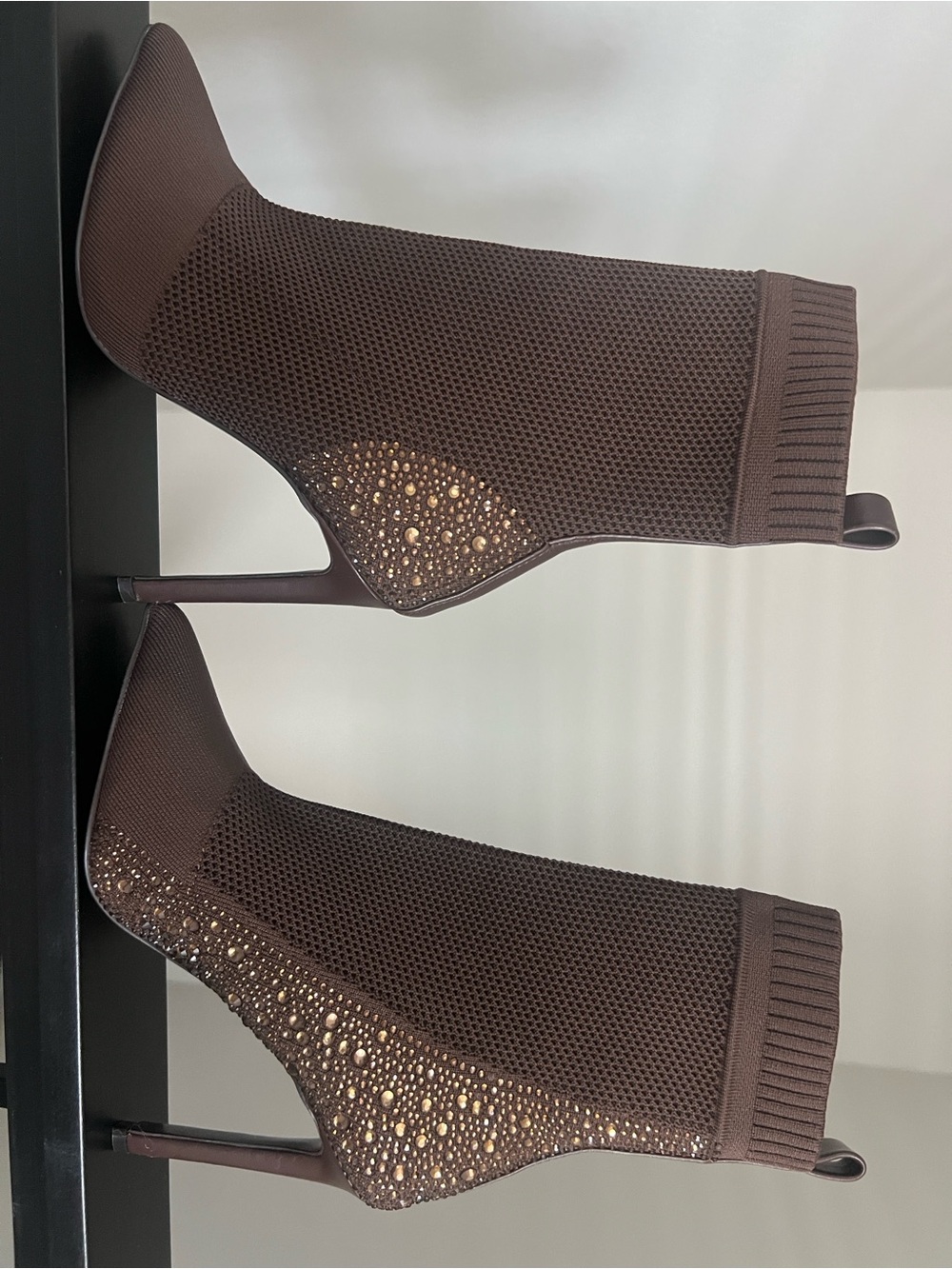Steve Madden Brown Knit Stiletto Sock Booties with Crystal Accents